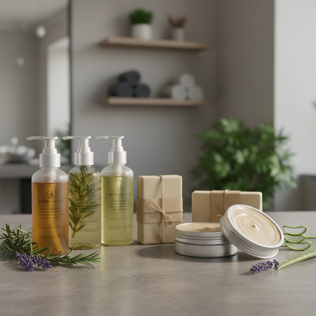 A close-up of an arrangement of all-natural hair care products on a smooth, matte stone countertop: frosted glass pump bottles filled with herbal-infused oils, metal tins of creamy shea-based treatments, and kraft paper–wrapped solid shampoo bars. Around them lie fresh sprigs of rosemary, lavender, and sliced aloe leaves, emphasizing botanical ingredients. Soft studio lighting from the side creates delicate highlights on the glass and subtle shadows that define each object. The mood is professional yet earthy and trustworthy. Photographed from a slightly elevated angle with shallow depth of field, the foreground products are in sharp focus while the neutral-toned salon interior fades into a gentle bokeh, conveying a clean, eco-conscious hair salon brand.