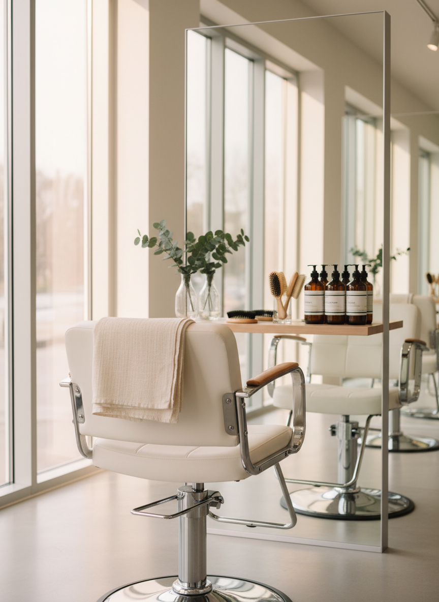 A pristine white porcelain styling chair with chrome accents and a neatly folded organic cotton cape draped over the back, positioned in front of a large frameless salon mirror. On the sleek light-wood station beneath the mirror, amber glass bottles with minimalist labels, wooden-handled brushes, and a small vase of fresh eucalyptus are carefully arranged. Soft, diffused daylight streams in from tall windows, creating gentle reflections on the mirror and subtle highlights on the bottles. The atmosphere feels calm, clean, and professional. Photographed at eye level with a slight angle to show depth, in crisp photographic realism, with a softly blurred background of more stations to suggest a modern, chemical-free hair salon environment.