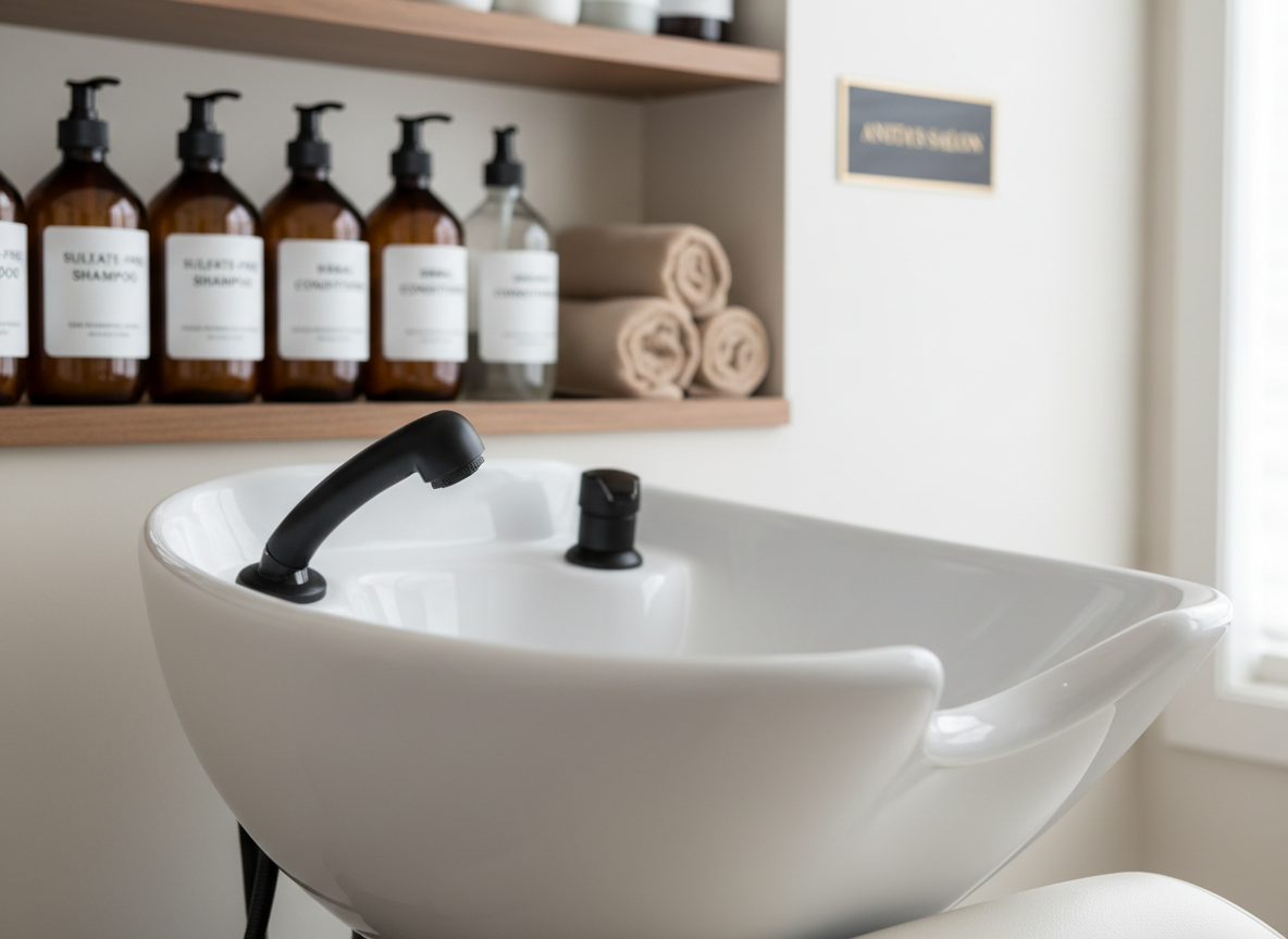 A polished shampoo basin crafted from glossy white ceramic, its smooth curves catching the light, paired with a sleek matte-black faucet and detachable sprayer. Behind it, a neatly organized shelf holds uniform amber and clear glass bottles labeled for sulfate-free shampoos and herbal conditioners, along with rolled organic cotton towels in soft beige tones. Gentle overhead lighting combined with natural light from an unseen window bathes the scene in a soft, even glow, creating a serene, spa-like atmosphere. Captured at a three-quarter angle in realistic photographic style, the composition uses the rule of thirds, with the basin in the foreground and the product shelf slightly blurred behind, emphasizing a professional, chemical-conscious washing area in Anita’s Salon.
